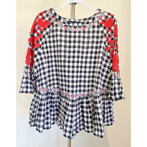 NWOT Anthropologie Pankaj & Nidhi Peplum Top Gingham Embroidered Large